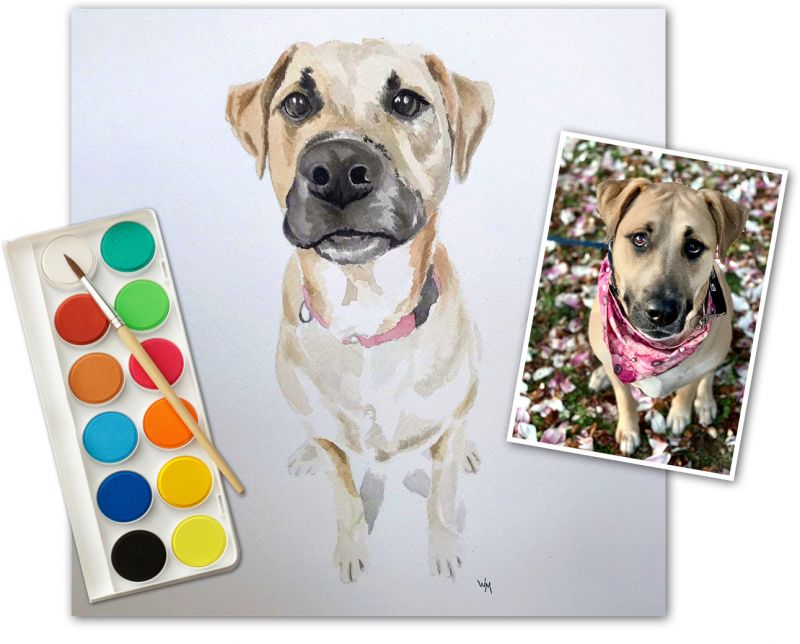Collage of a dog and its portrait with a pot of paint