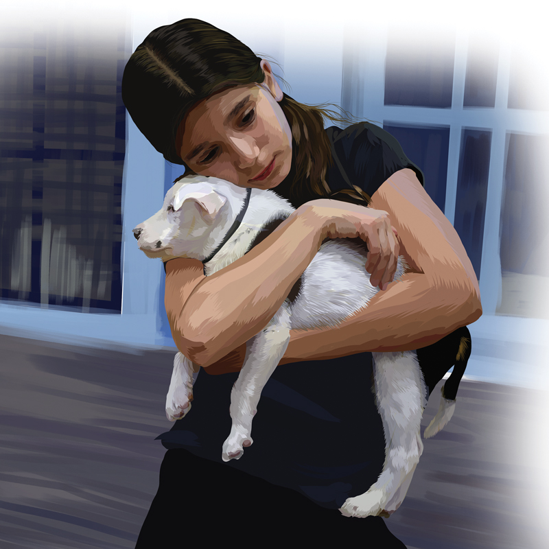 illustration of a sad-looking girl hugging a puppy
