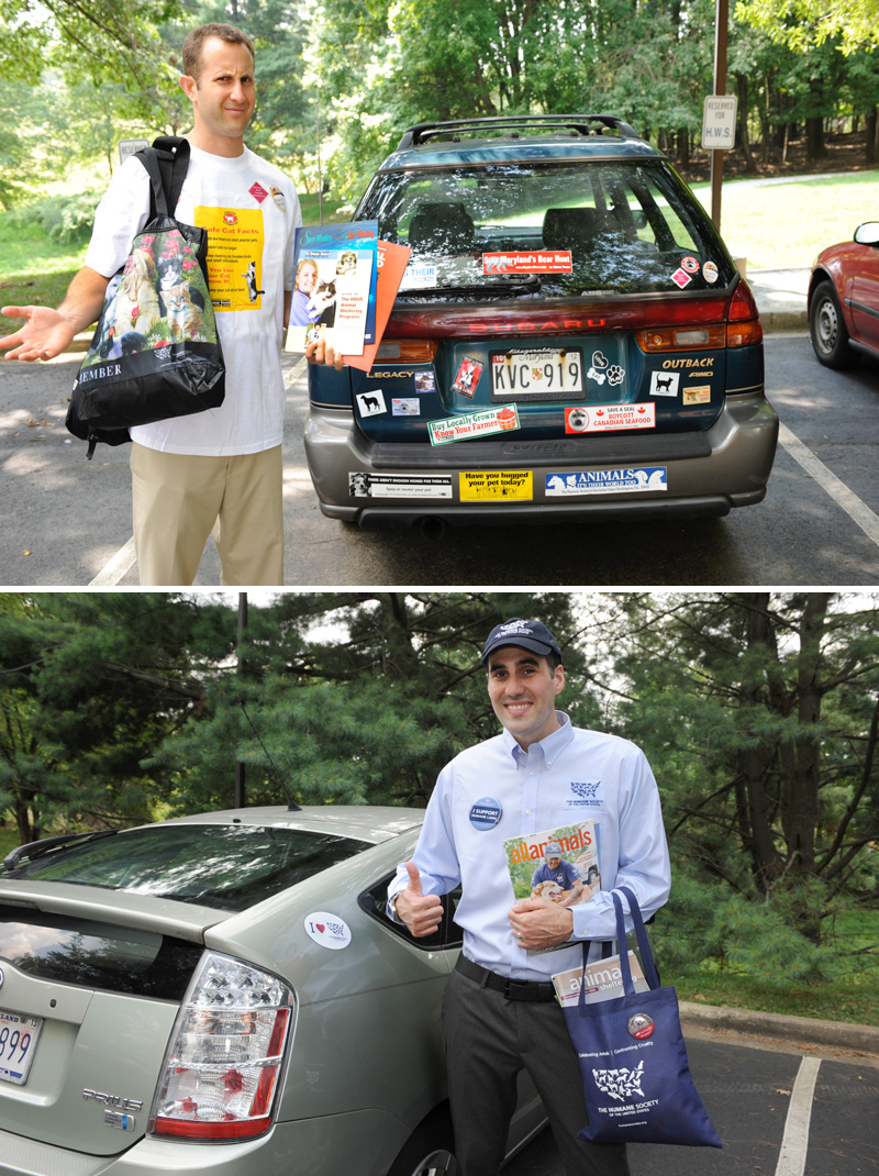 top photo depicts a man holding various publications next to a car covered in bumper stickers; bottom photo shows a man holding a magazine and carrying a bag next to a car which all display the same logo