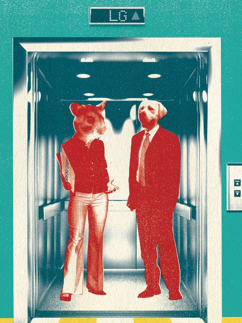 illustration of two animals in an elevator