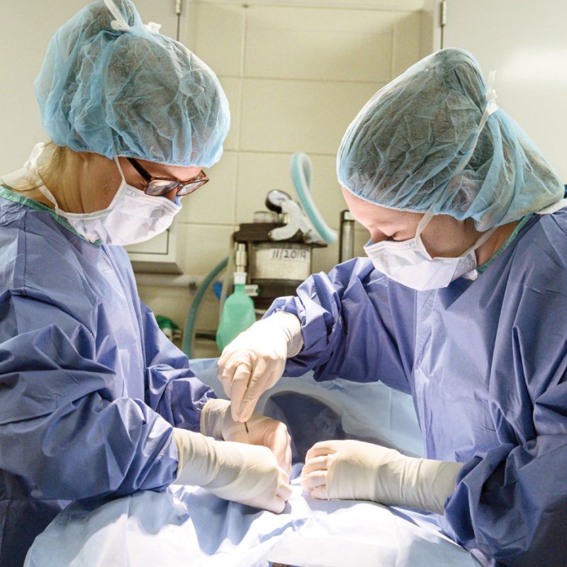 two women in surgical gear lean over a patient