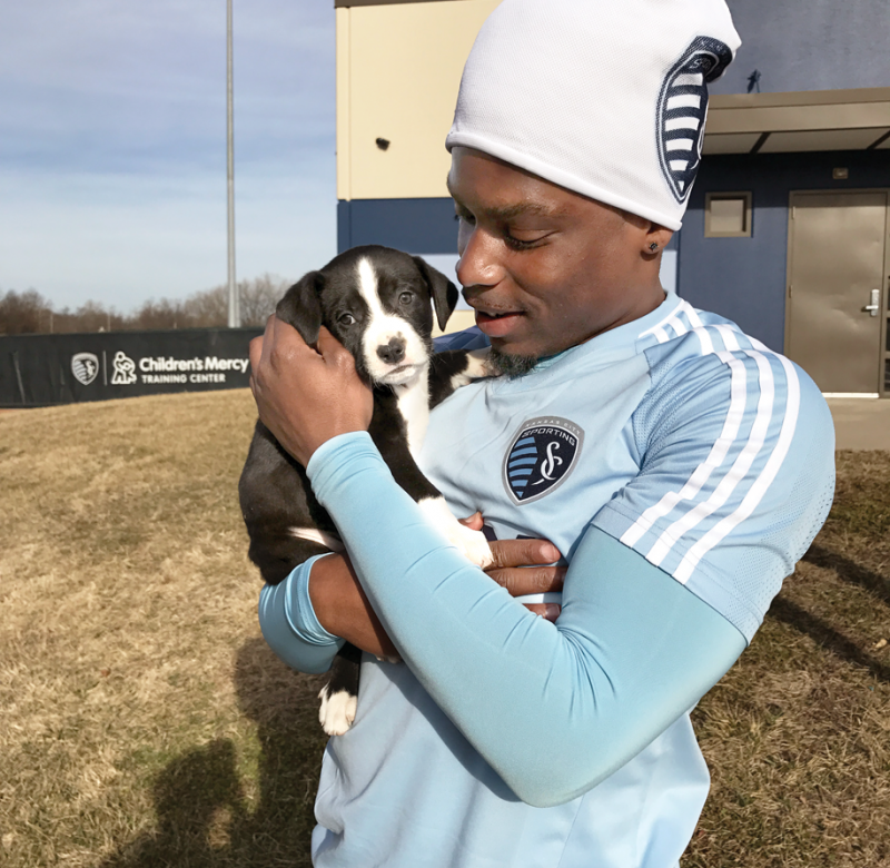 a man holding a puppy