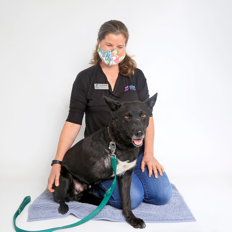 a woman kneels next to a three-legged dog