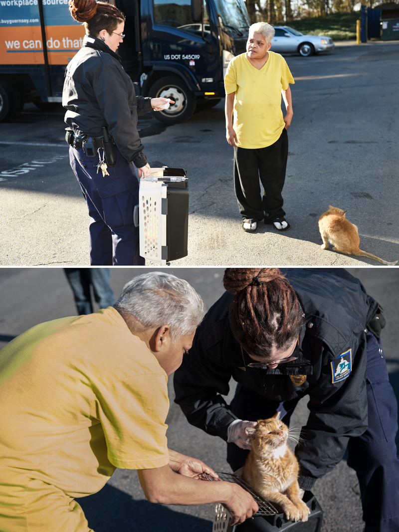 an animal control officer approaches a man and cat