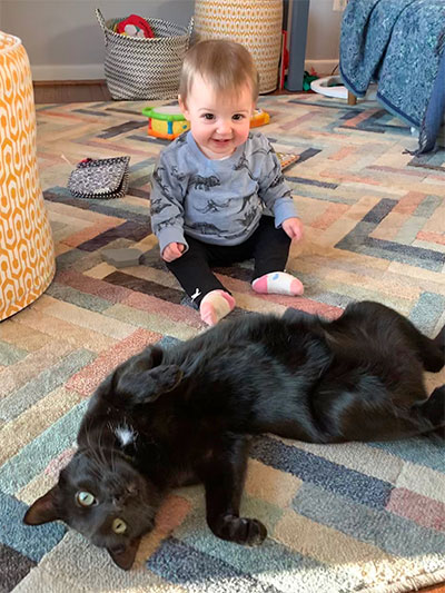 a cat lying on its back next to a baby