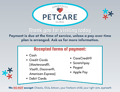 a veterinary clinic poster showing many payment options