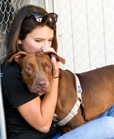 a wistful looking woman hugging her dog