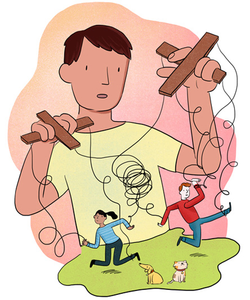 illustration of a man controlling two people on puppet strings
