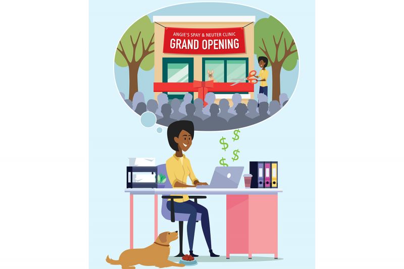 illustration of a woman dreaming of opening a vet clinic