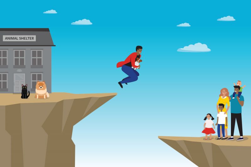 Conceptual illustration of a shelter worker taking a leap of faith, jumping off a cliff with a dog to hand off for adoption to a family