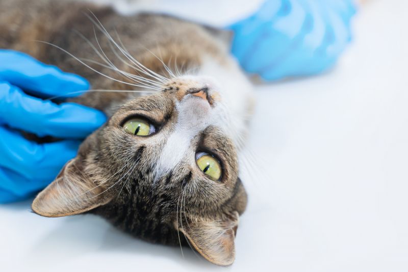 an upside down photo of a cat being held by someone wearing surgical gloves