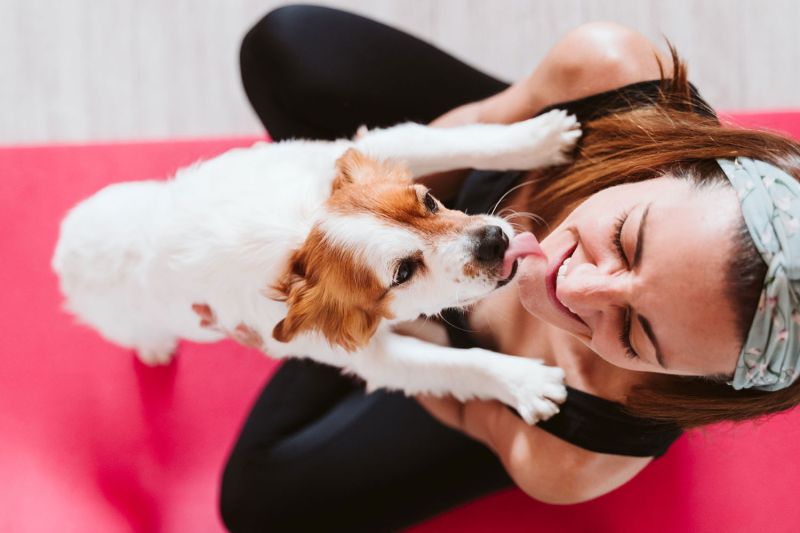 Photo of a dog licking a woman's face while she's on a yoga mat.