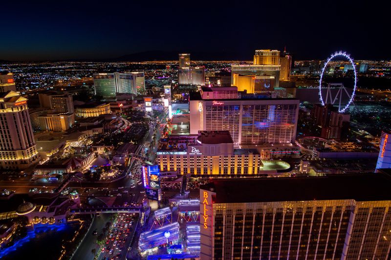 a colorful view of the las vegas skyline at night