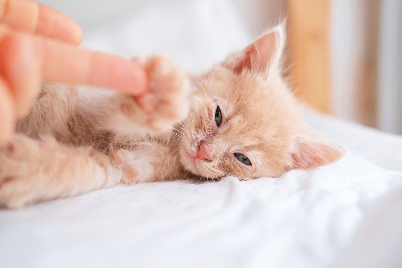 a person touches the paw of a sick kitten