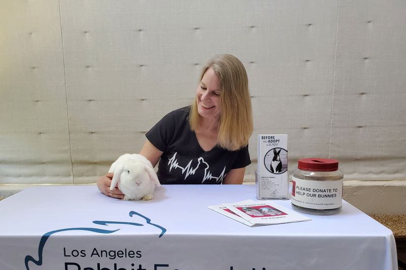 Michelle Kelly sits at a booth for the Los Angeles Rabbit Foundation with a cute white bunny.