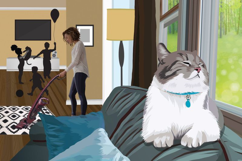 Illustration of a cat relaxing while a family plays and does chores behind it.