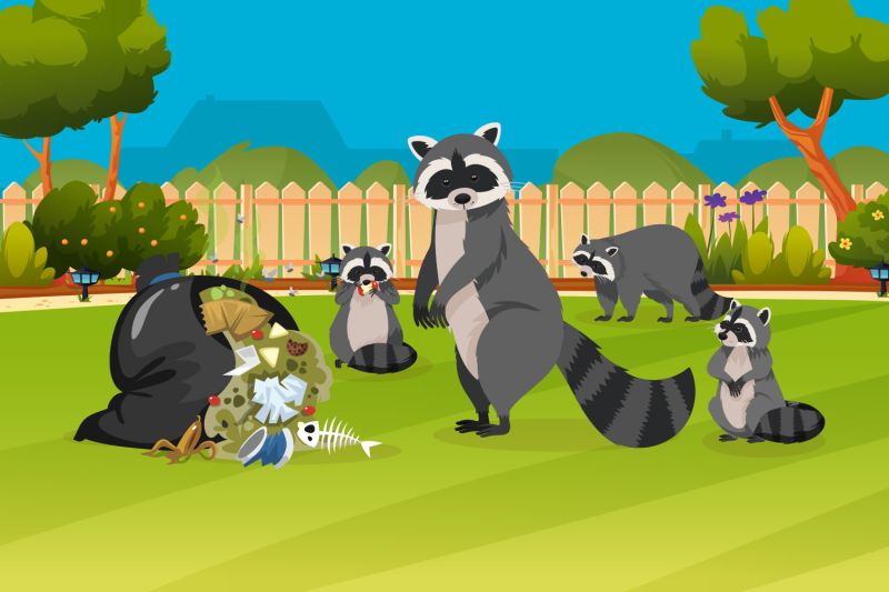 Illustration of a raccoon family going through opened trash bag in someone's backyard.