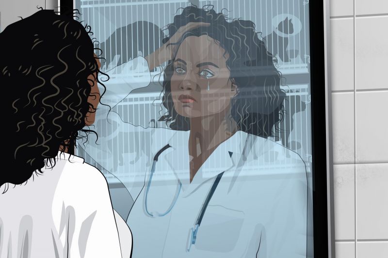 illustration of a crying woman vet looking at animals in kennels