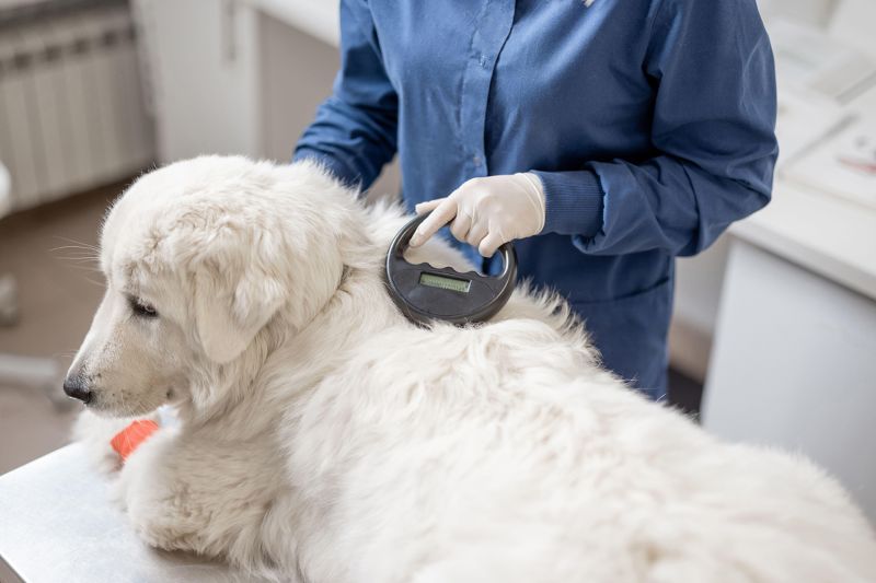 Veterinarian checking microchip implant under sheepdog dog skin in vet clinic with scanner device.