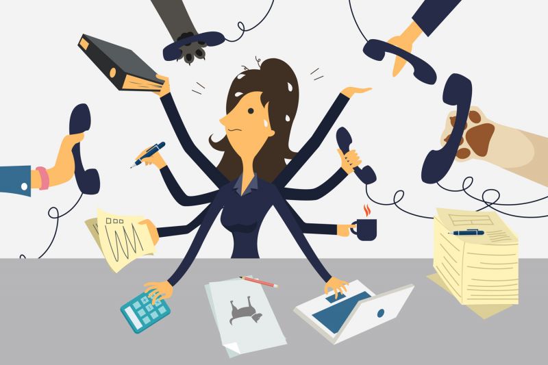 illustration of a stressed woman surrounded by phones and work