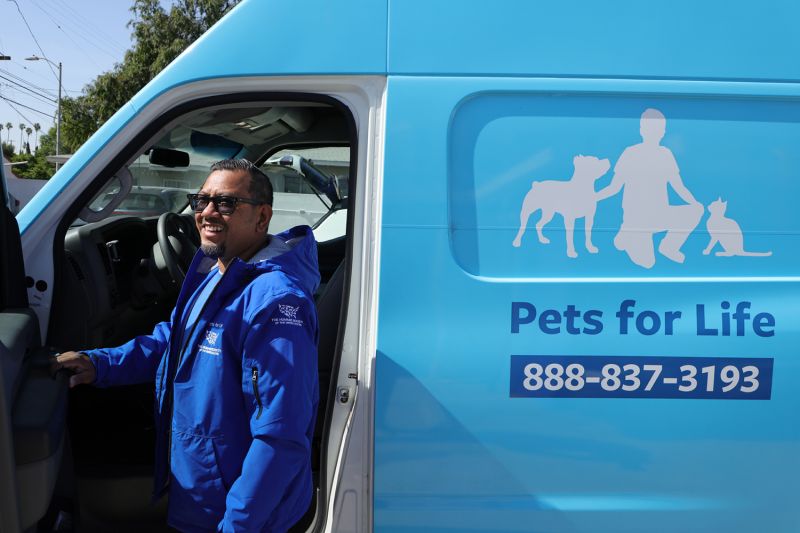 Robert Sotelo, manager of the Pets for Life (PFL) program sets off in their van in Los Angeles, California. 