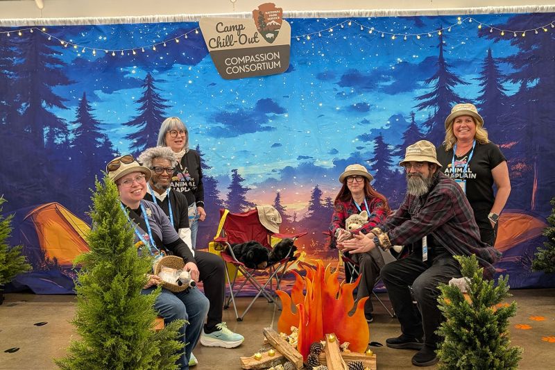a group of people gathered around a pretend camp fire