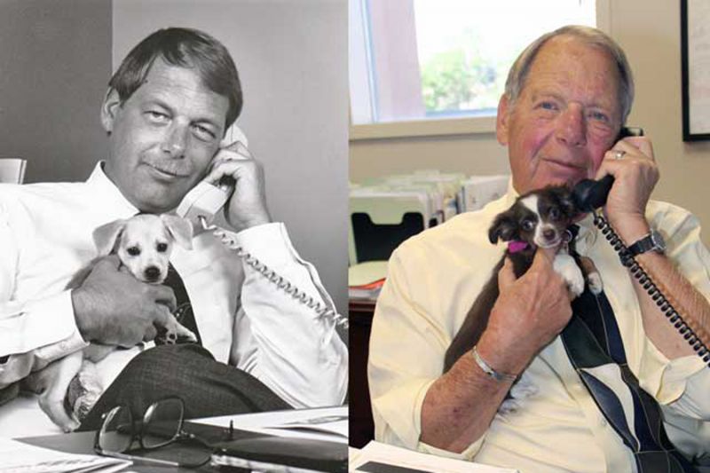 side by side photos of a man holding a dog in an office setting, decades apart