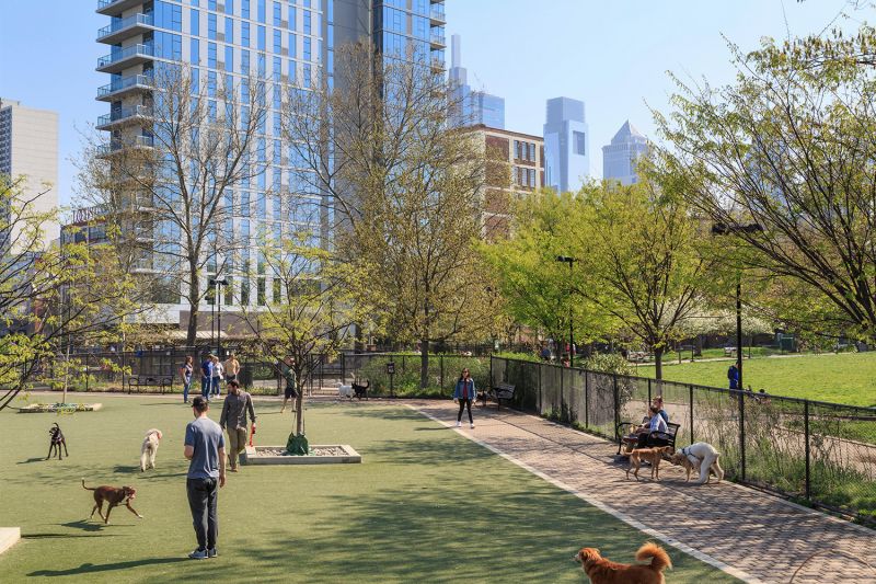 People and dogs at a dog park in an urban neighborhood.