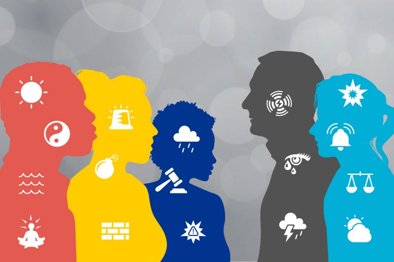 An illustration showing silhouettes of five people with icons symbolizing feelings
