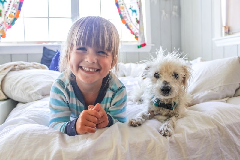 a smiling young girl and dog laying on a bed