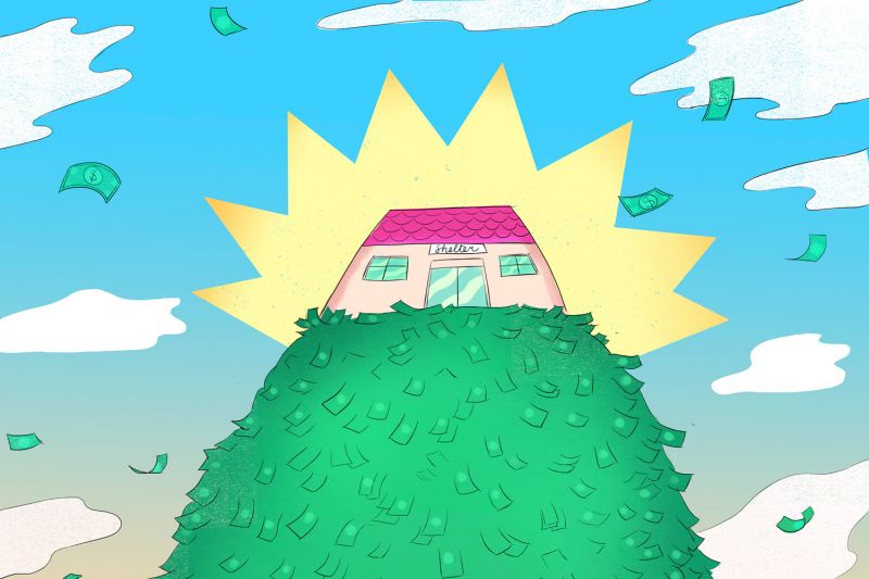 illustration of a shelter sitting on a giant mound of cash