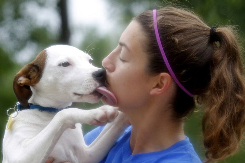 a dog licking a woman's face