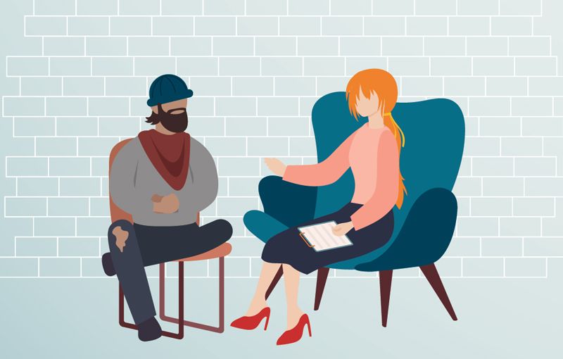 illustration of homeless man talking to a woman