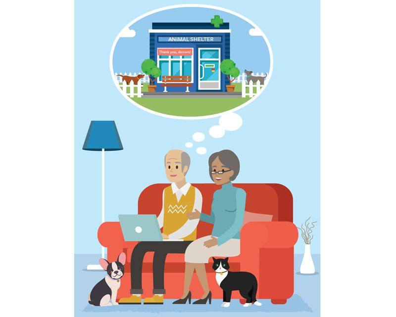 illustration of two elderly people dreaming of an animal shelter