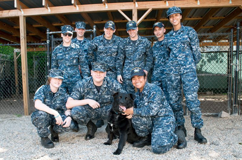 a group of people in navy uniforms pose with a dog