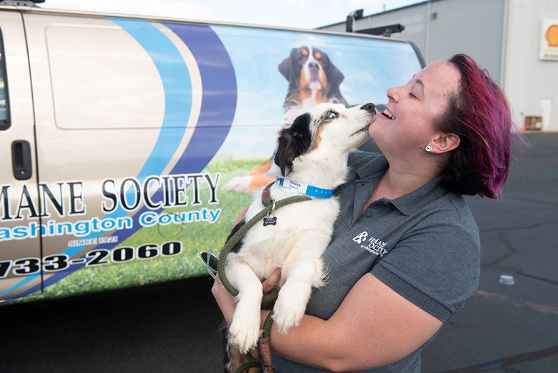 Dog licking woman