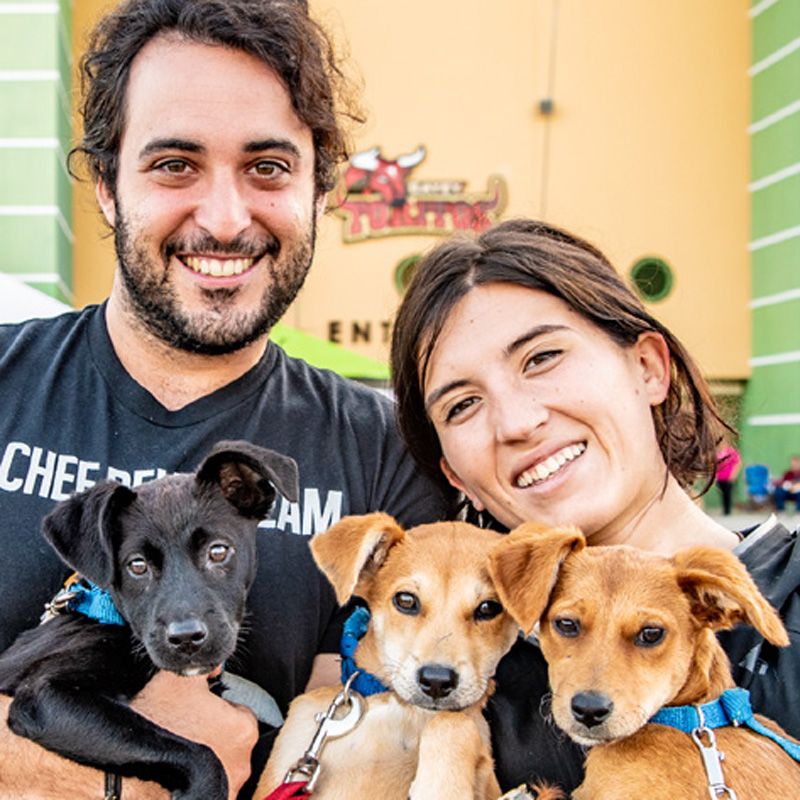 a man and a woman smile as they hold up three puppies