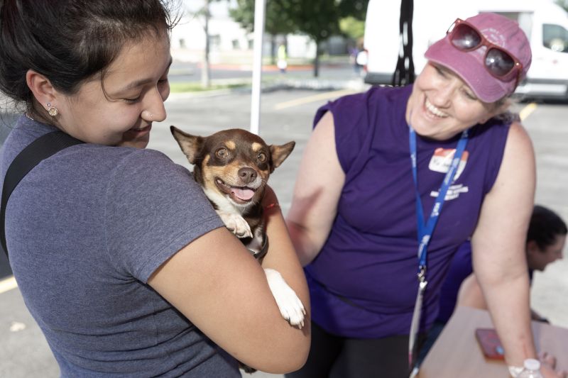 Volunteers at microchipping event with a chihuahua