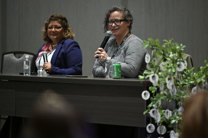 Two people talking on a panel
