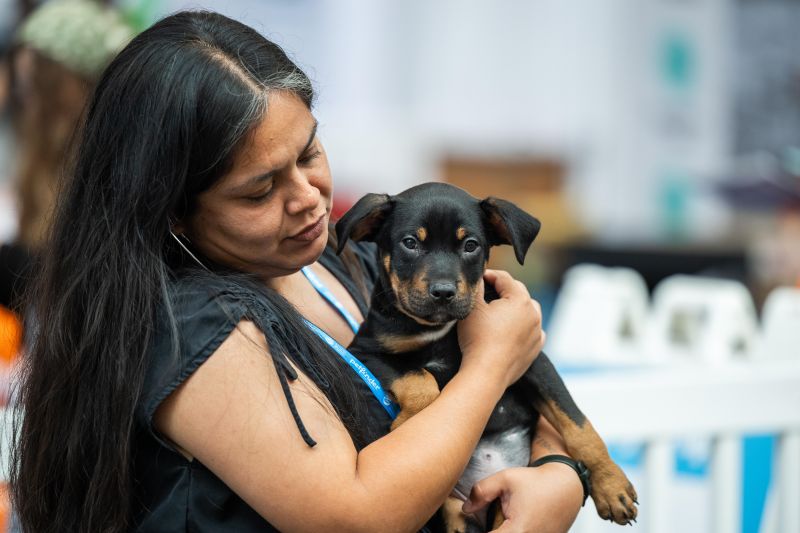 Attendee holding a black and brown puppy