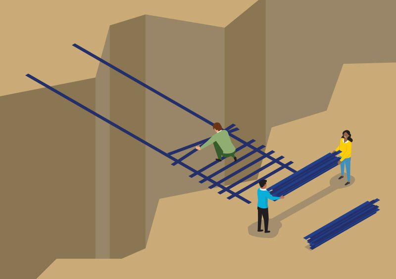 Conceptual illustration of a team building a bridge across a cliff