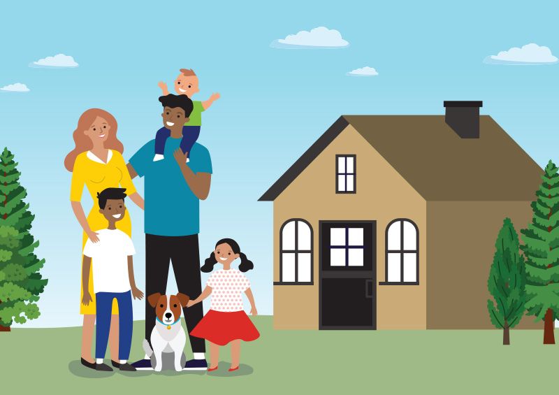 Illustration of a family who just adopted a pet, outside their house