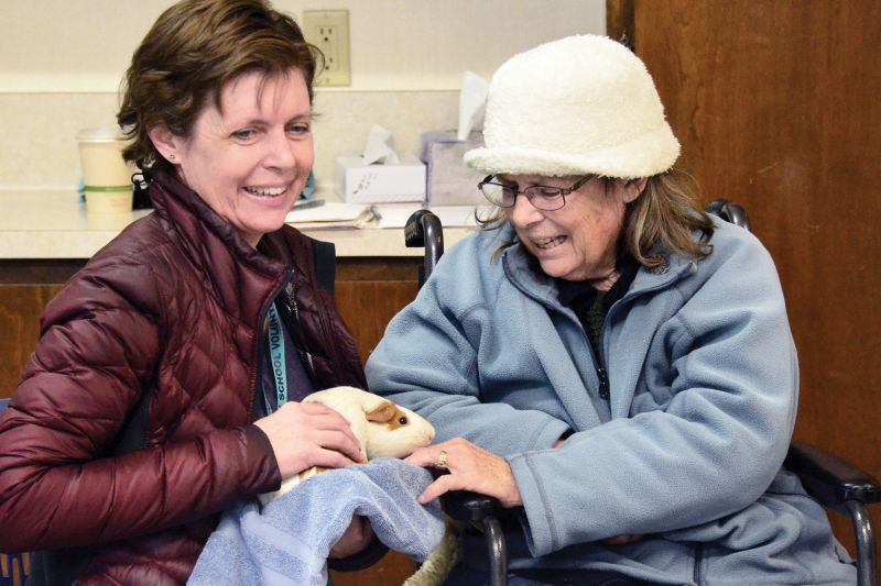 two women pet a guinea pig