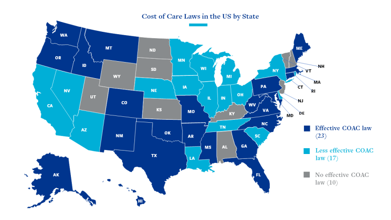 a color coded map of the United States showing effectiveness of cost of care laws in each state