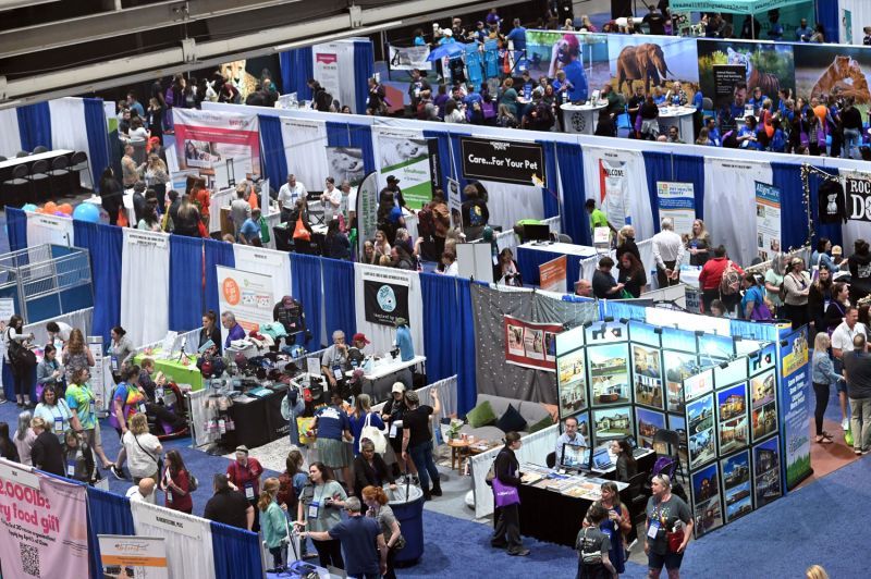 a birds eye view of the booths at the exhibit hall