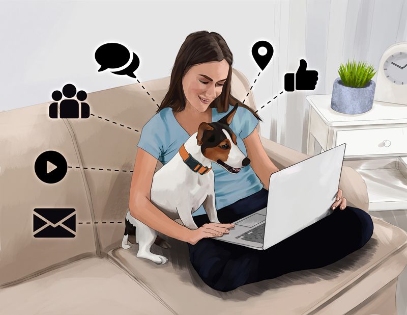 illustration of a woman and dog looking at a laptop surrounded by internet icons