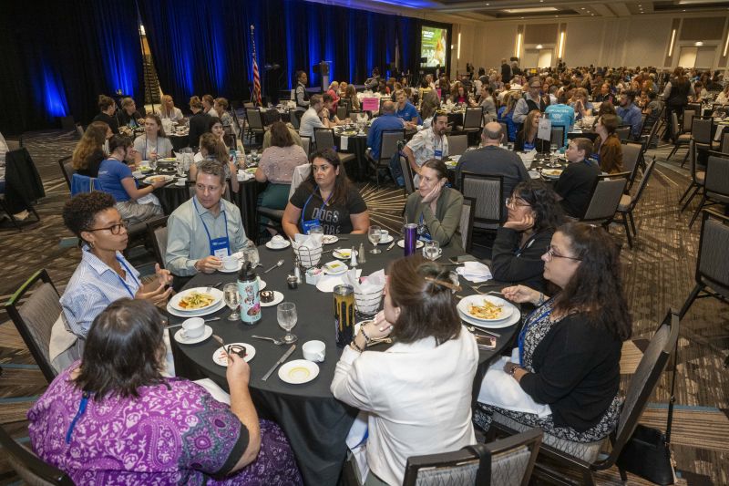 Full room of Round Tables discussion groups