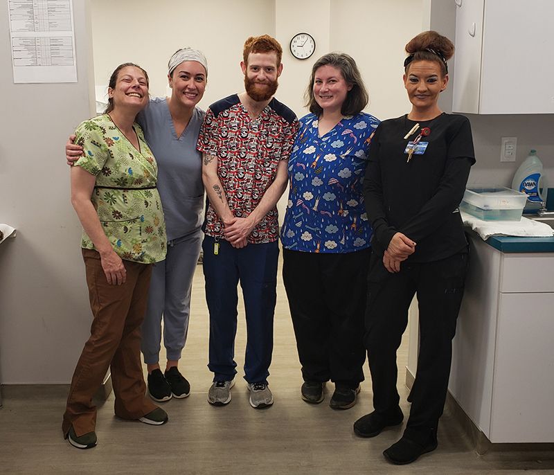 Photo showing five members of the current vet team at Karen Little's Community Cat Complex.