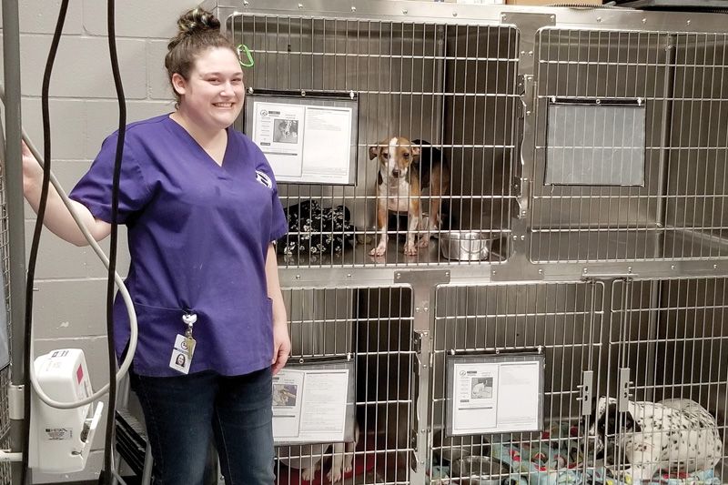 a woman poses in front of dog kennels