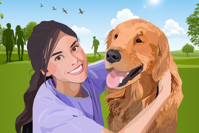 illustration of a smiling woman with a dog